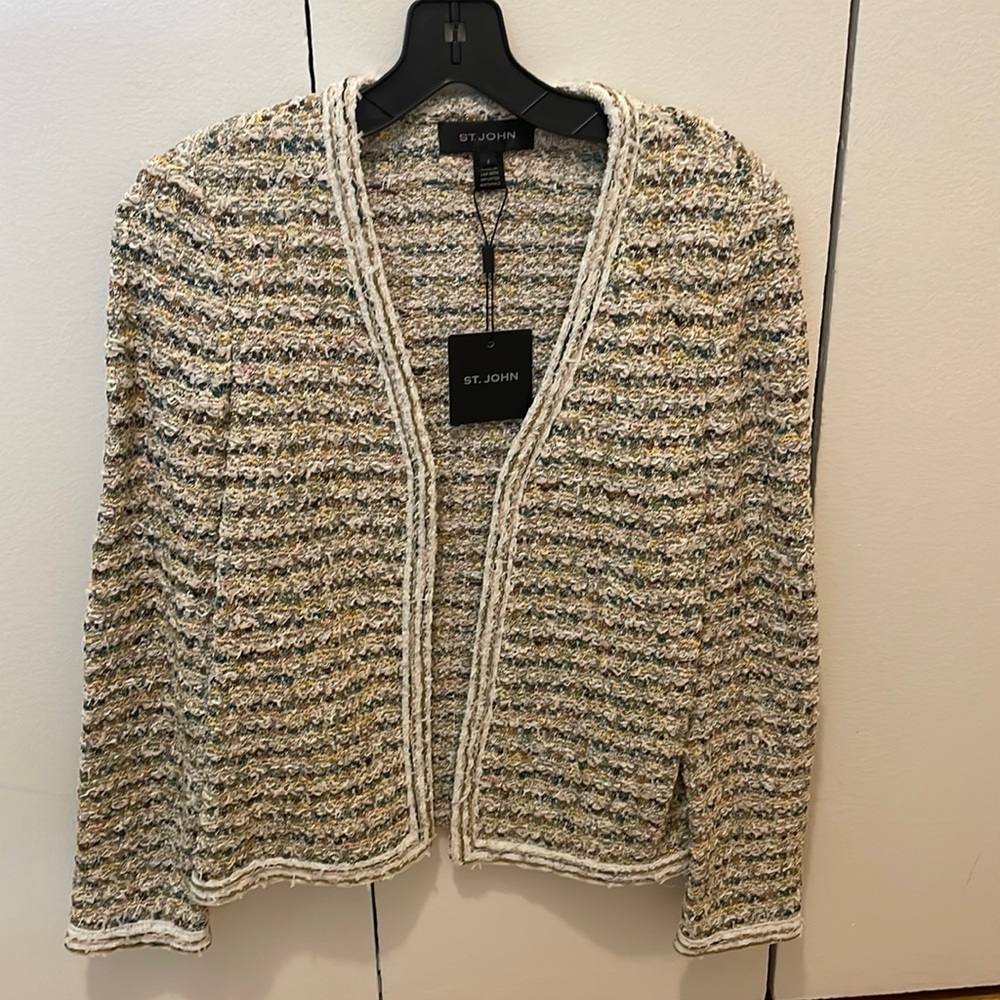 St. John Tweed Jacket in Light Pink Buttercream Forest Green